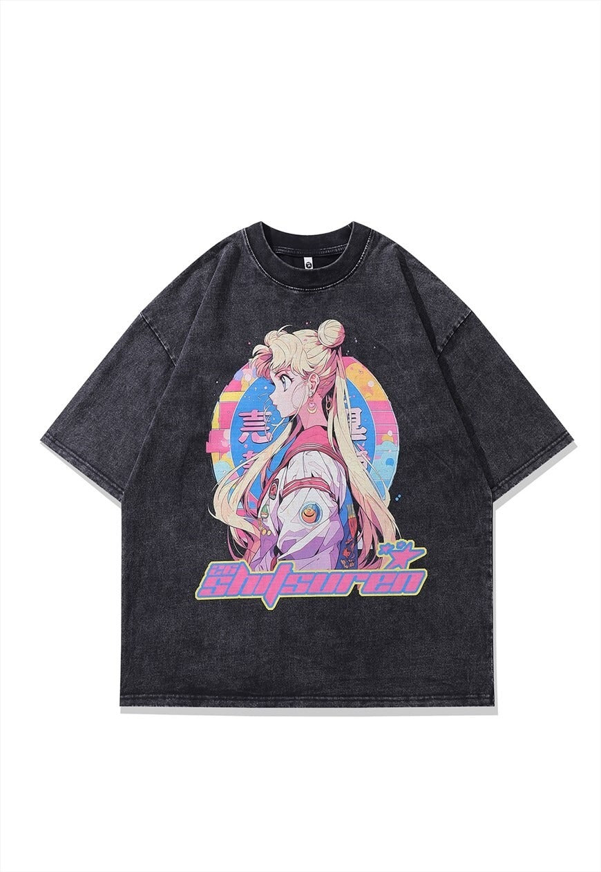Anime t-shirt print tee retro Japanese top grey