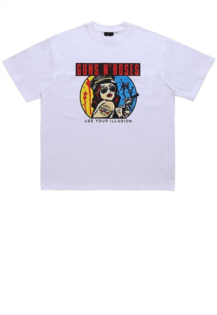 Guns and roses t-shirt pistol print tee metal bad top white