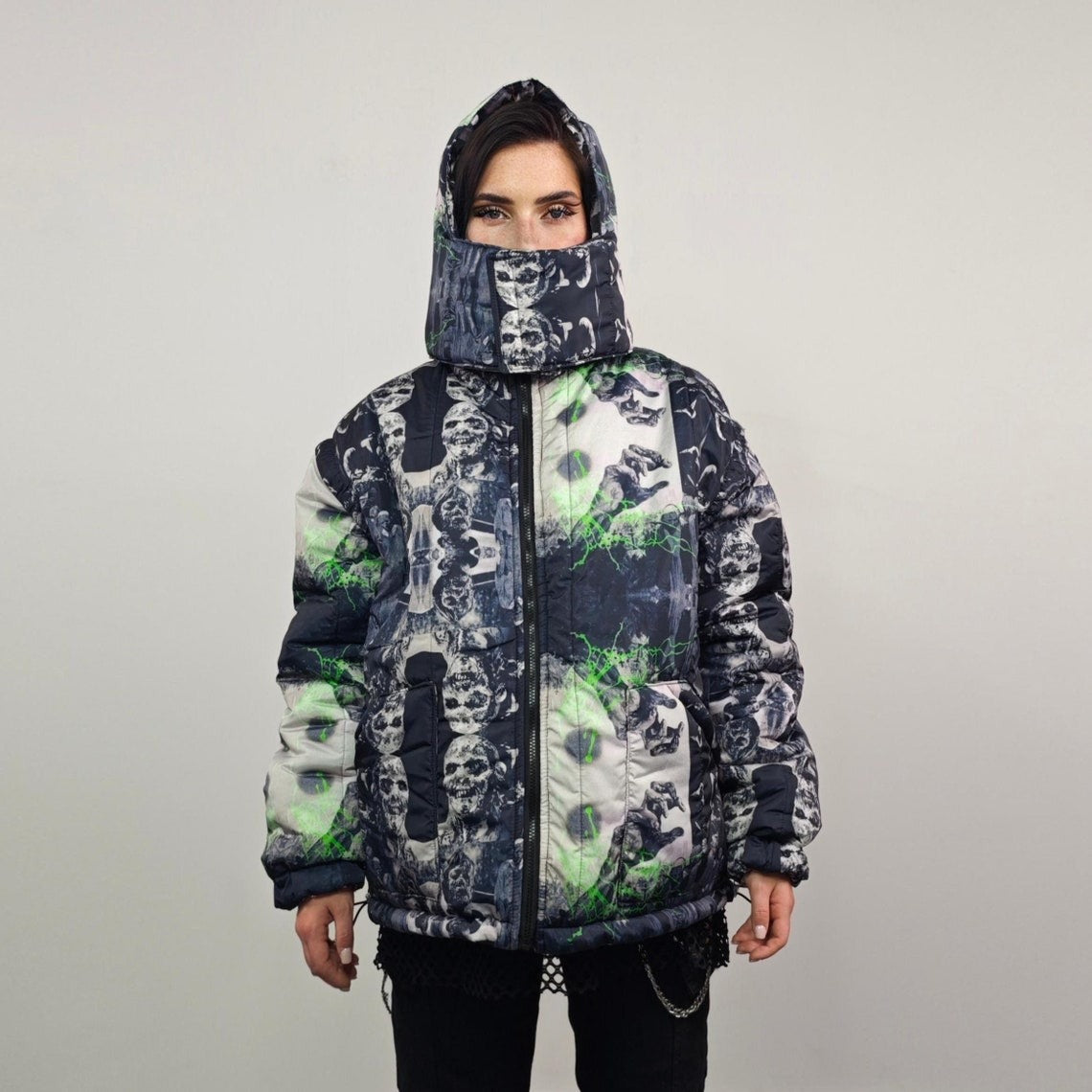 Zombie print jacket horror fan bomber reversible creepy punk college varsity detachable sleeves handmade gothic puffer hooded festival coat