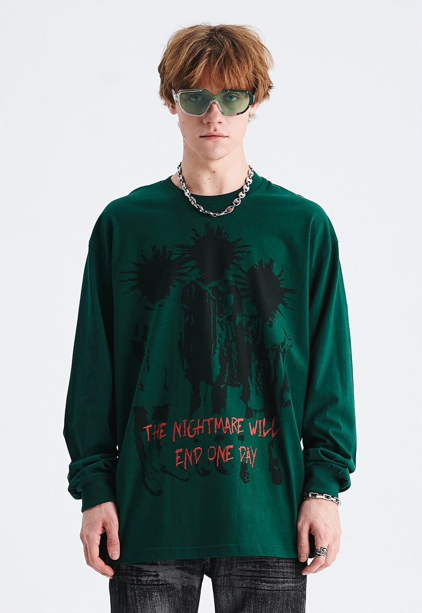 Punk cartoon t-shirt long sleeve tee grunge mohawk top green