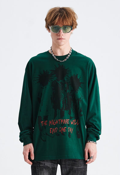 Punk cartoon t-shirt long sleeve tee grunge mohawk top green