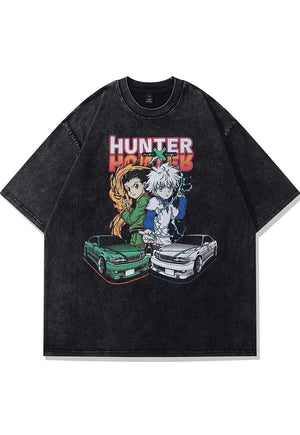 Anime print t-shirt Hunter cartoon tee racing car top grey