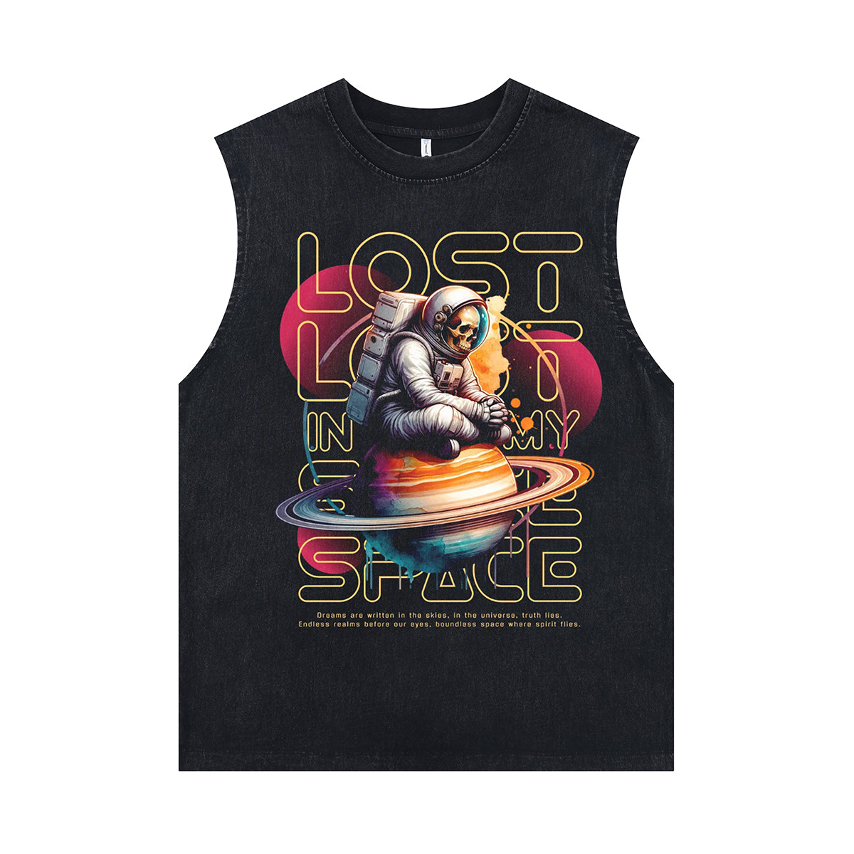 Astronaut sleeveless t-shirt retro poster surfer vest lost in space slogan tank top in acid wash black