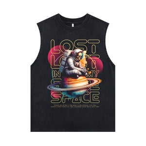 Astronaut sleeveless t-shirt retro poster surfer vest lost in space slogan tank top in acid wash black