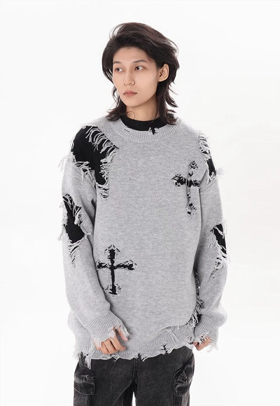 Cross patch sweater grey ripped y2k punk jumper Gothic top