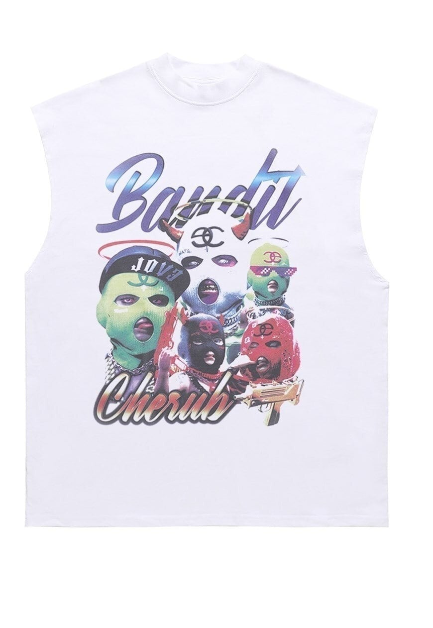 Balaclava print sleeveless t-shirt rap tank top surfer vest