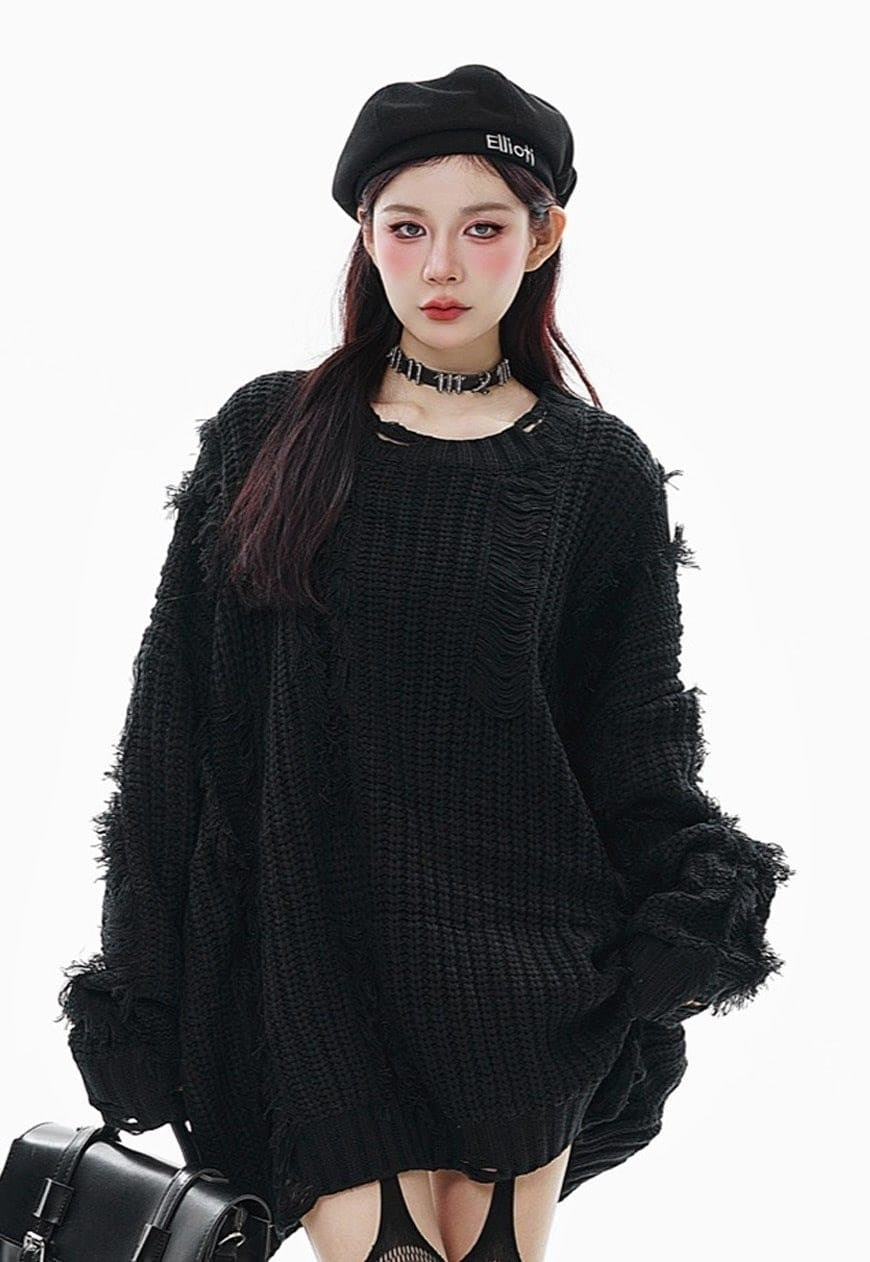 Ripped sweater knitted distressed jumper shredded top black