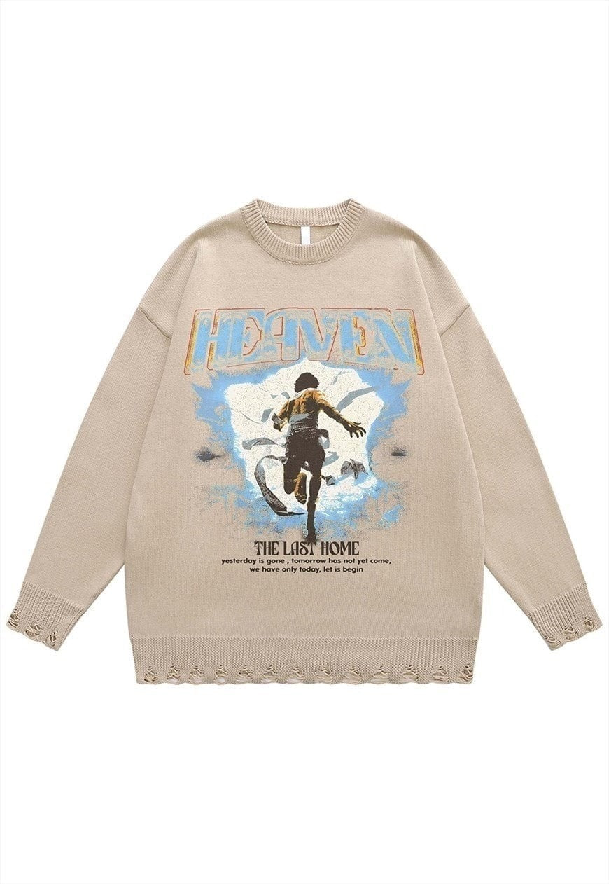 Fighter print sweater grunge knit distressed jumper beige