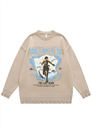 Fighter print sweater grunge knit distressed jumper beige