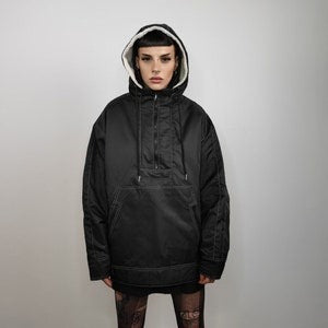 Raised neck bomber jacket fleece windbreaker hooded nylon coat half zip pullover grunge utility coat unisex premium motorcycle coat in black