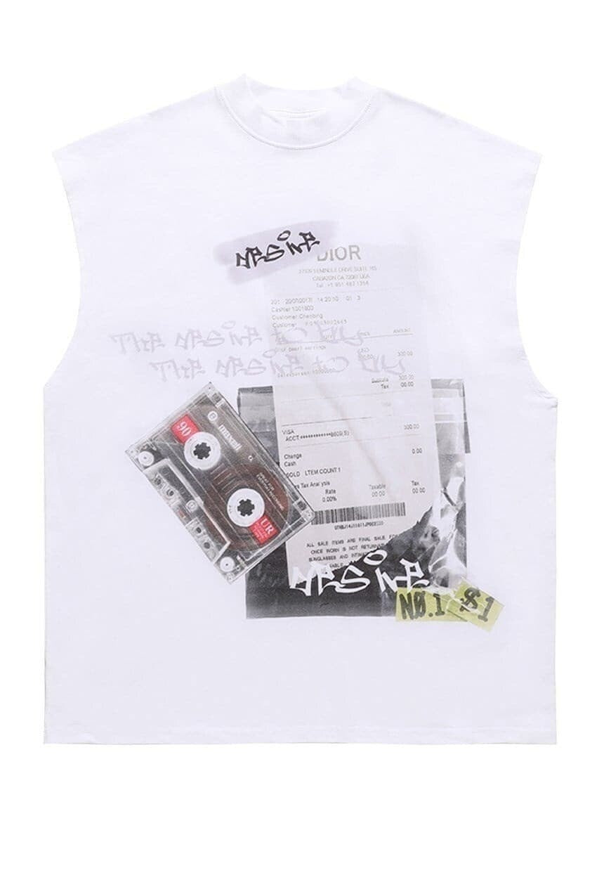 Cassette print sleeveless t-shirt retro tank top surfer vest