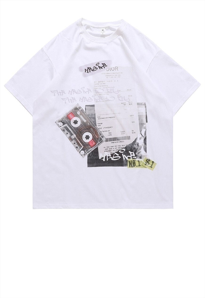 Cassette print t-shirt retro tee skater graffiti top white