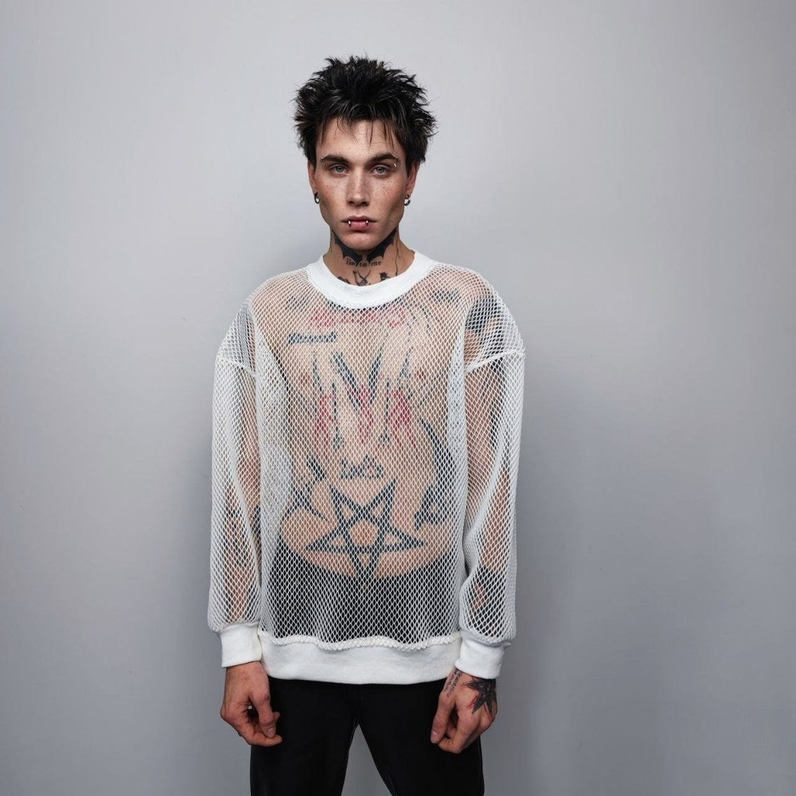 Transparent mesh top long sleeve sheer jumper net sweatshirt see-through punk jumper structured going out party t-shirt catwalk tee in white