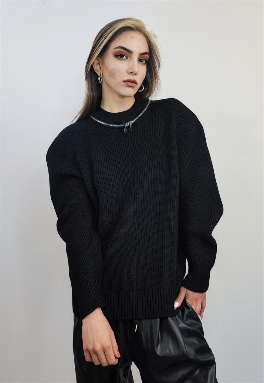 Gothic sweater in black catwalk jumper knitted going out top