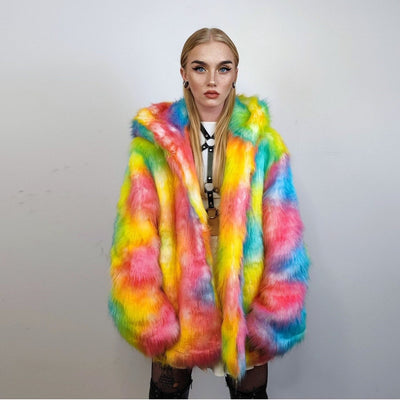 Hooded rainbow fur jacket unicorn bomber neon raver puffer fluffy tie-dye fleece psychedelic festival coat burning man party trench orange