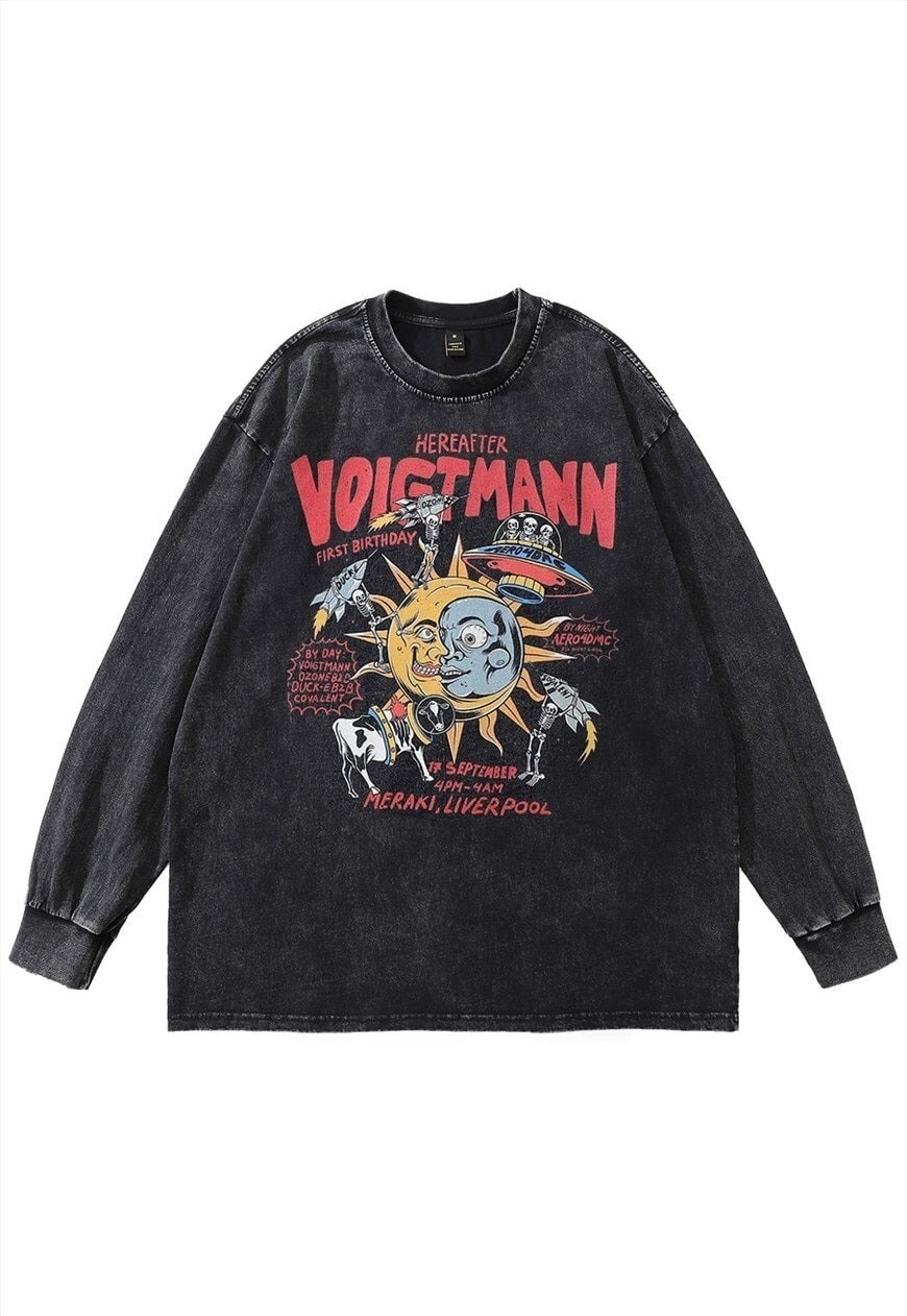 Psychedelic t-shirt vintage wash sun print long tee in grey