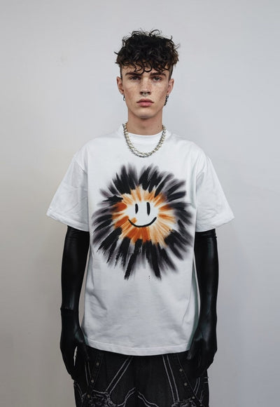 Sun print t-shirt graffiti emoji tee grunge raver top white