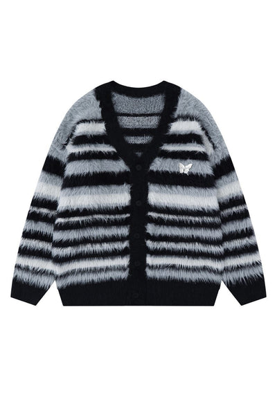 Horizontal stripe cardigan knitted jumper fluffy fleece top