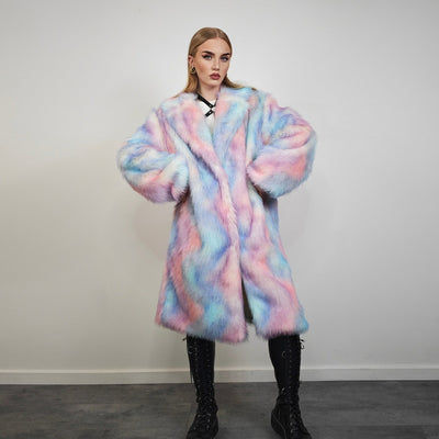 Tie-dye coat faux fur pastel pink shaggy trench abstract pattern overcoat watercolor bomber detachable festival jacket rainbow peacoat blue