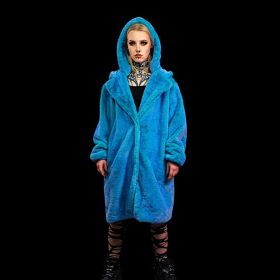 Neon faux fur long coat hooded trench bright raver bomber detachable fleece festival removable sleeves burning man jacket in electric blue