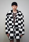 Checked faux fur short coat black plaid fuzzy trench jacket