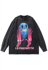 Creepy t-shirt vintage wash monster print top long tee grey