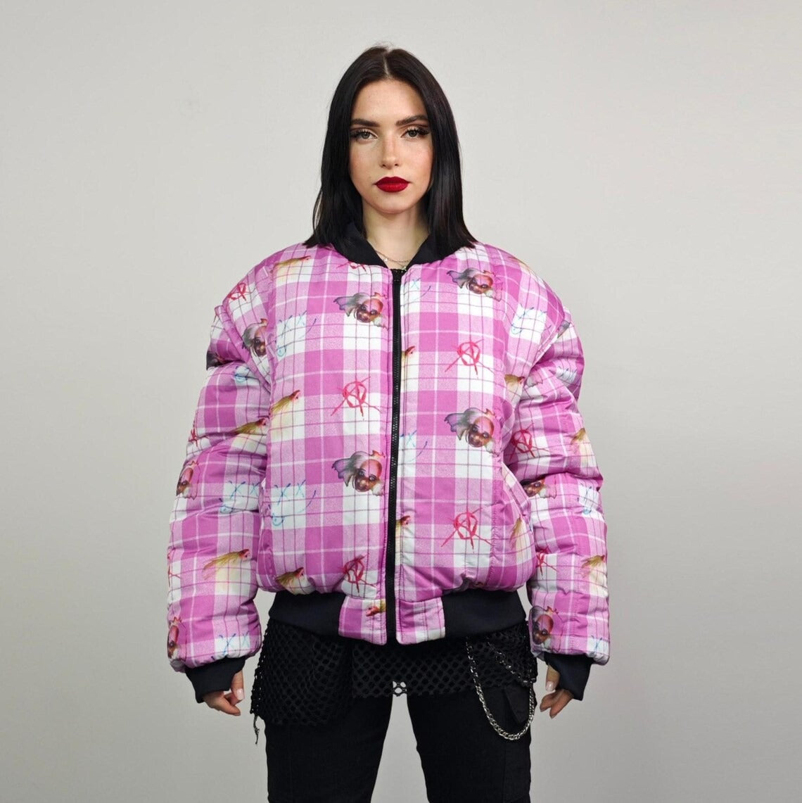 Punk bomber pink check plaid jacket anarchy sign reversible college varsity detachable sleeves handmade grunge doll print festival rave coat