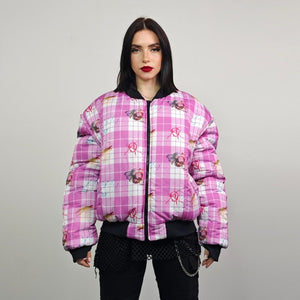 Punk bomber pink check plaid jacket anarchy sign reversible college varsity detachable sleeves handmade grunge doll print festival rave coat