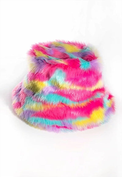 Festival faux fur bucket hat fluffy neon hat Gay rainbow cap