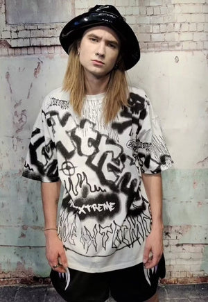 Graffiti print tee Extreme slogan t-shirt paint splatter top