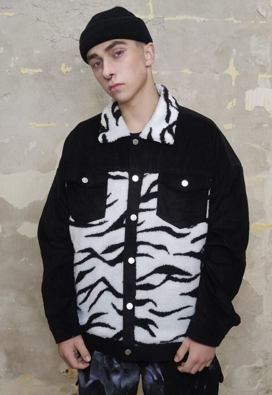 Animal print corduroy jacket zebra fleece patch bomber black