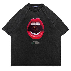 Red lips t-shirt mouth print top vintage wash retro raver tee creepy jumper lipstick pullover in acid grey