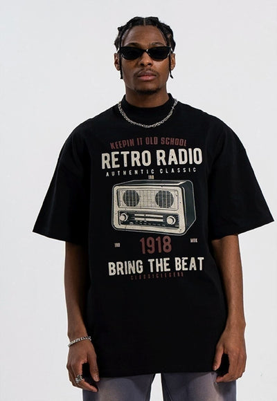 Retro radio t-shirt old raver print tee old school top black