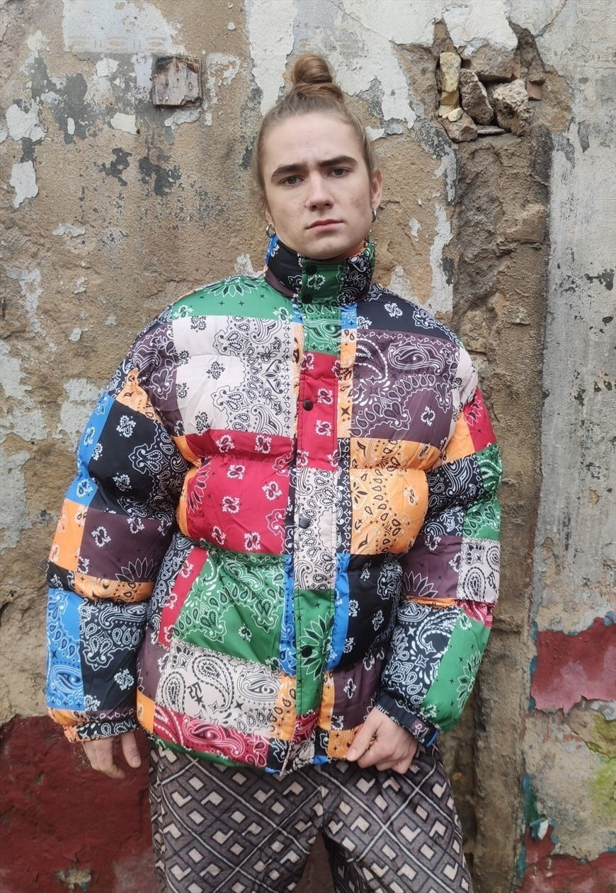 Paisley bomber bandanna print puffer quilted jacket in multi
