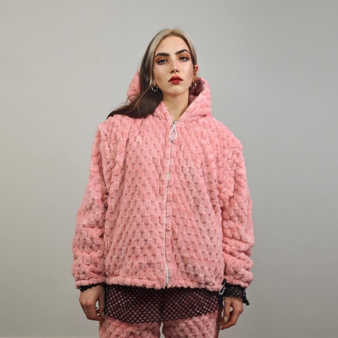 Pink fleece jacket reversible paisley hood bandanna bomber retro geometric cashew print coat detachable sleeves overcoat fluffy festival set