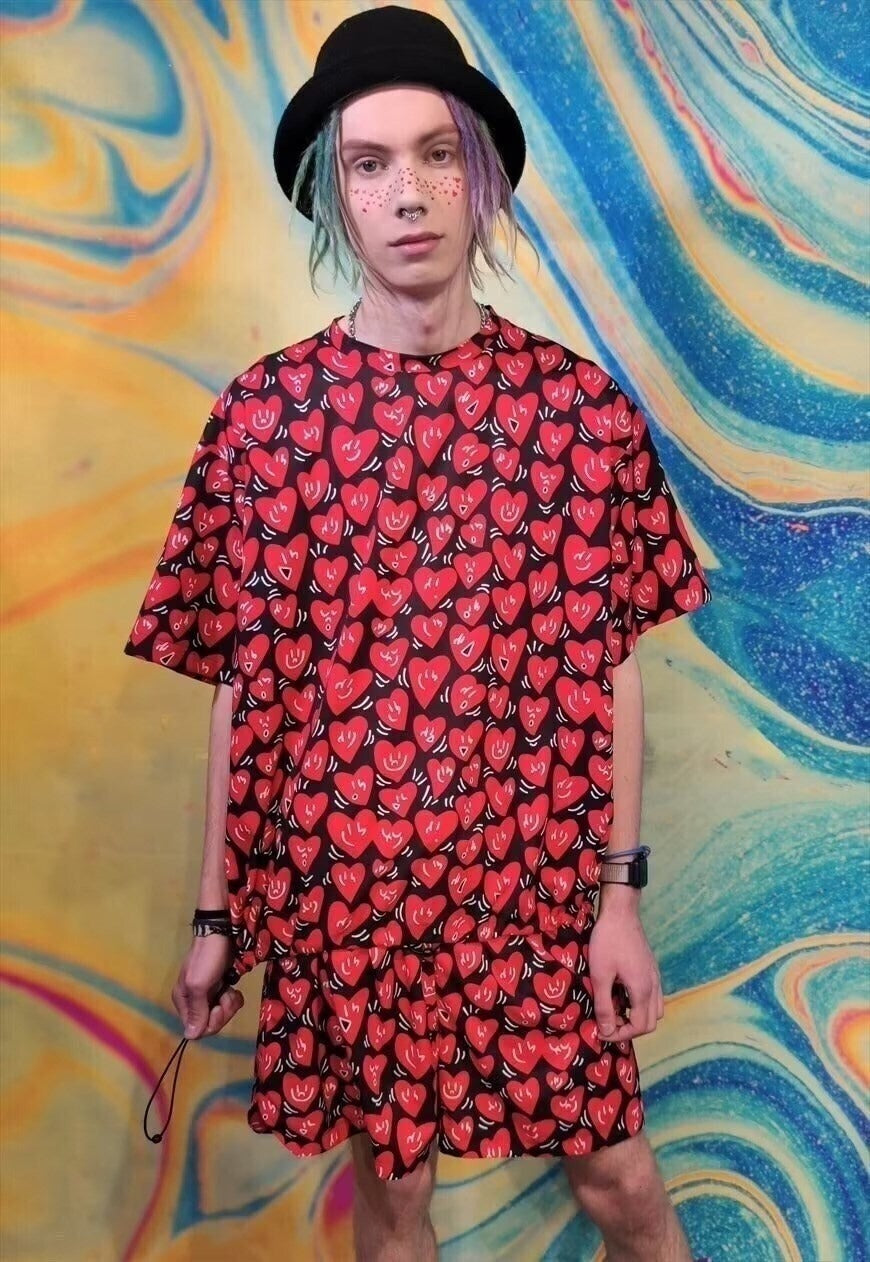 Heart print tee handmade edgy love emoji t-shirt in red