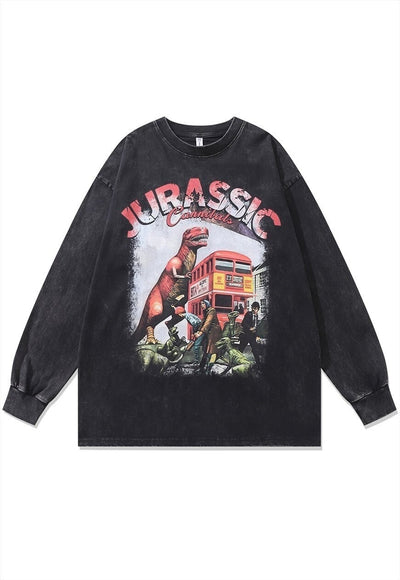 London bus t-shirt vintage wash dinosaur top long tee grey