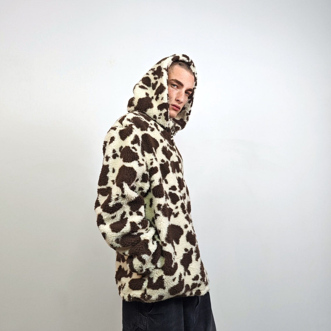 Fleece track jacket cow bomber detachable hood animal print tracksuit brown festival coat furry overcoat spot pattern pullover Dalmatian top