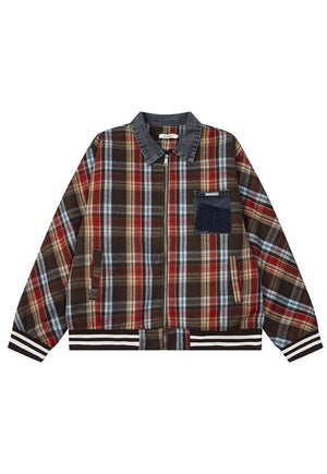 Retro plaid jacket woollen checked bomber in brown