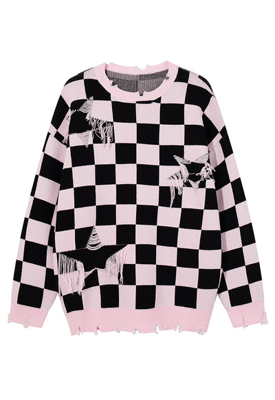 SKA check sweater plaid pattern knit top patchwork jumper