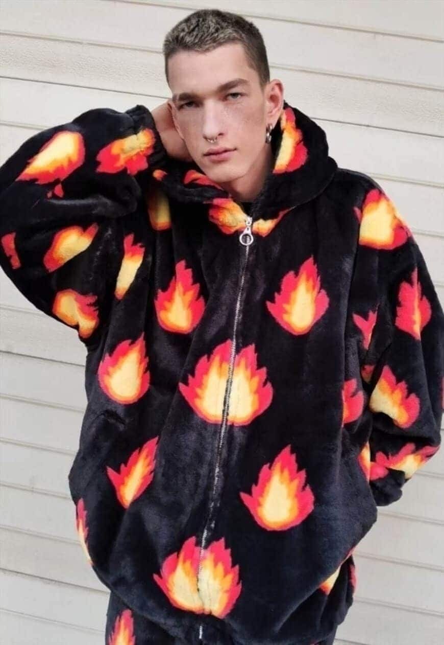 Flame fleece jacket hand made fire bolt hood bomber in black