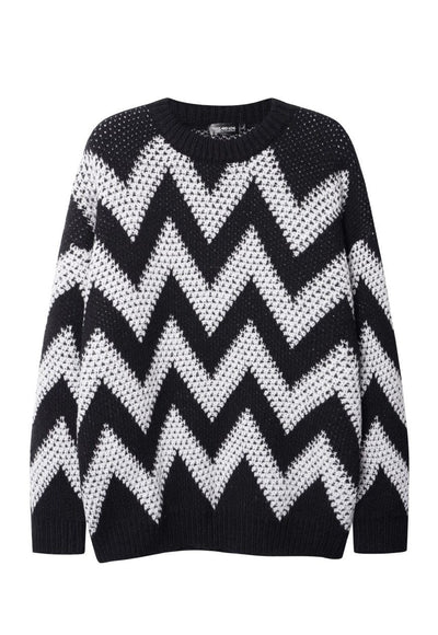 Striped sweater zigzag jumper knitted mesh top in black