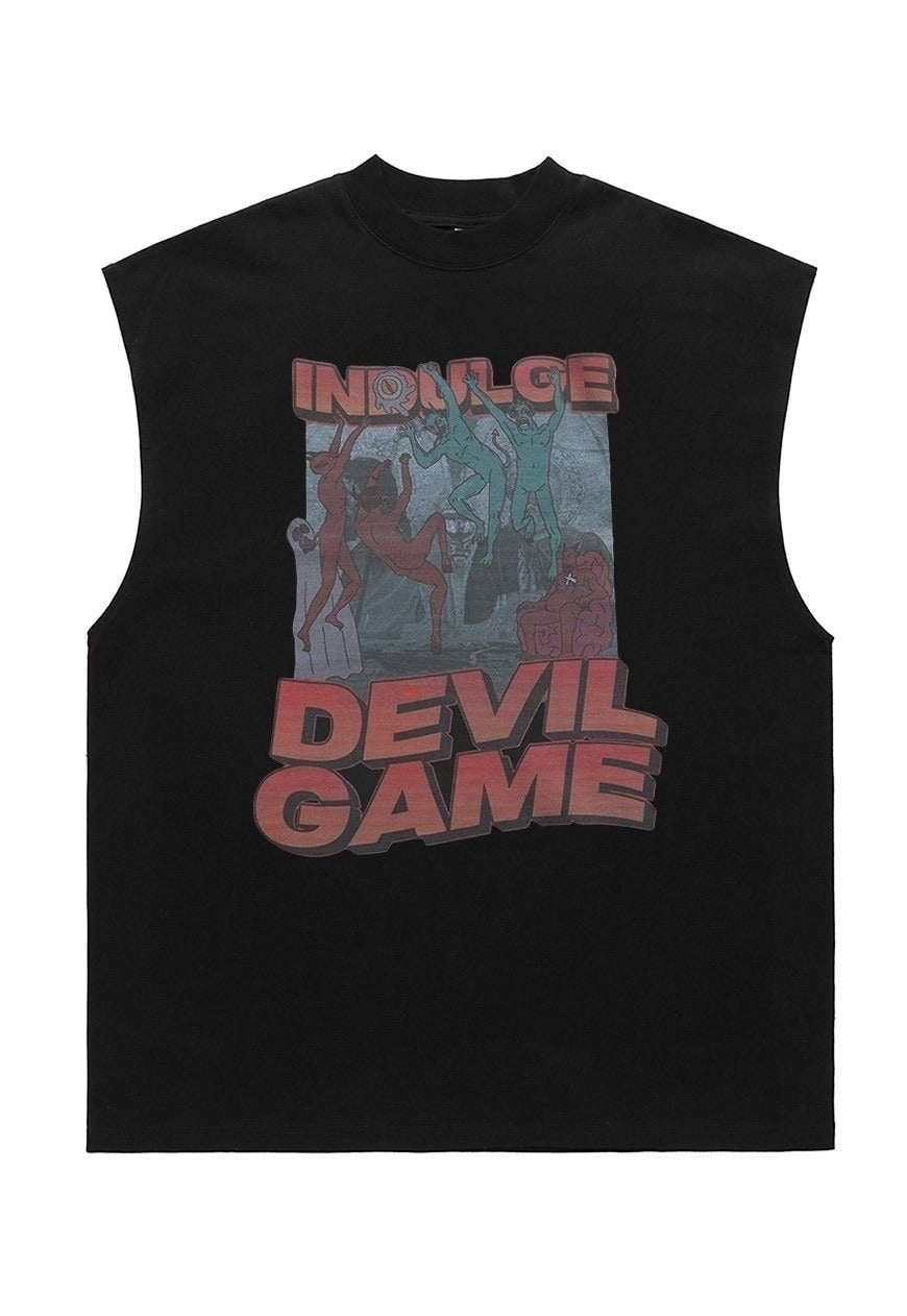 Devil print tank top surfer vest retro sleeveless t-shirt