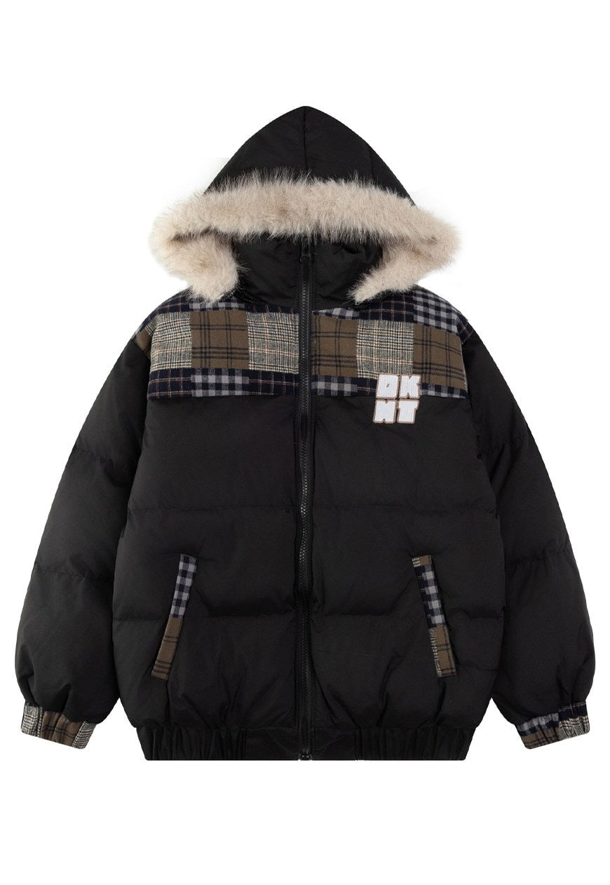 Patchwork parka jacket black furry collar hooded bomber