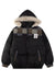 Patchwork parka jacket black furry collar hooded bomber