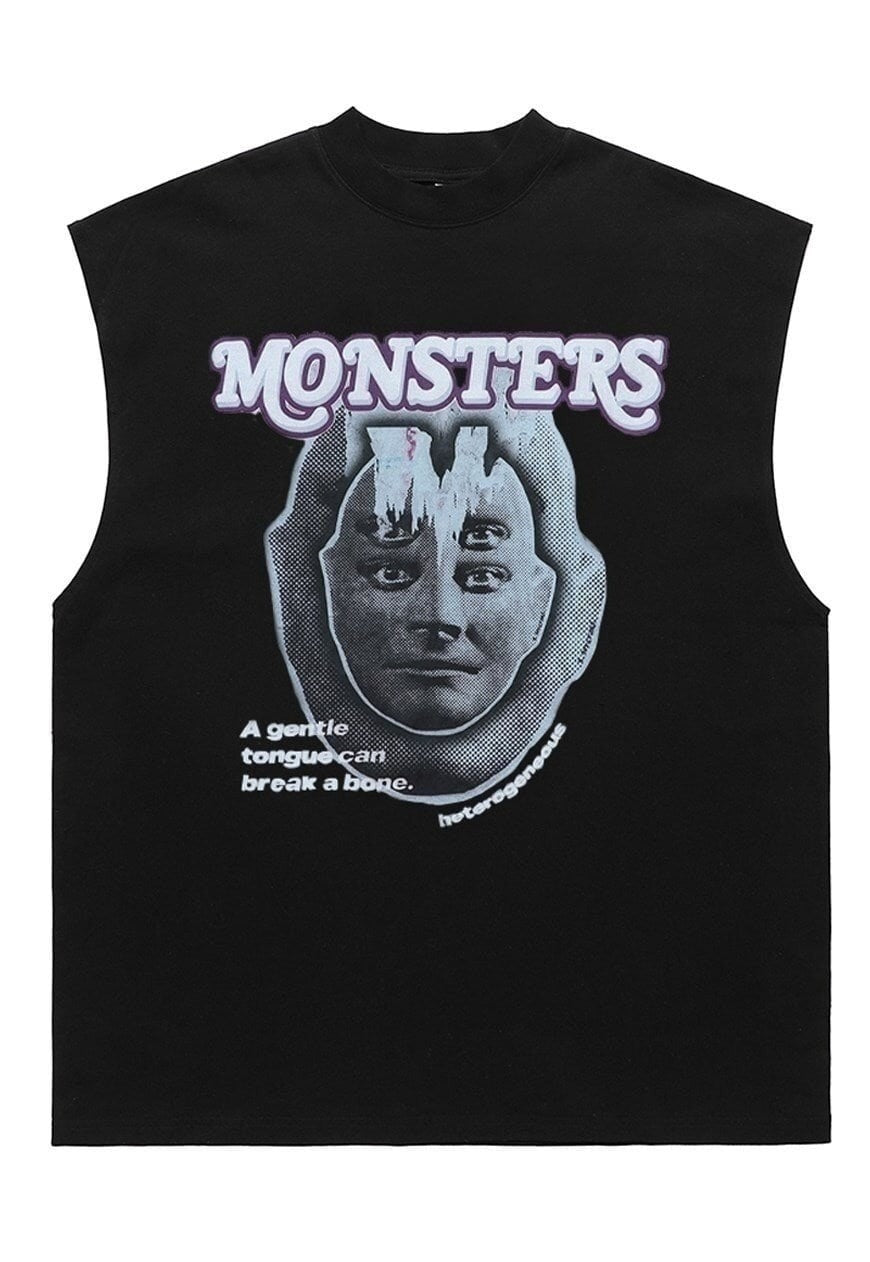 Monster print tank top surfer vest retro sleeveless t-shirt