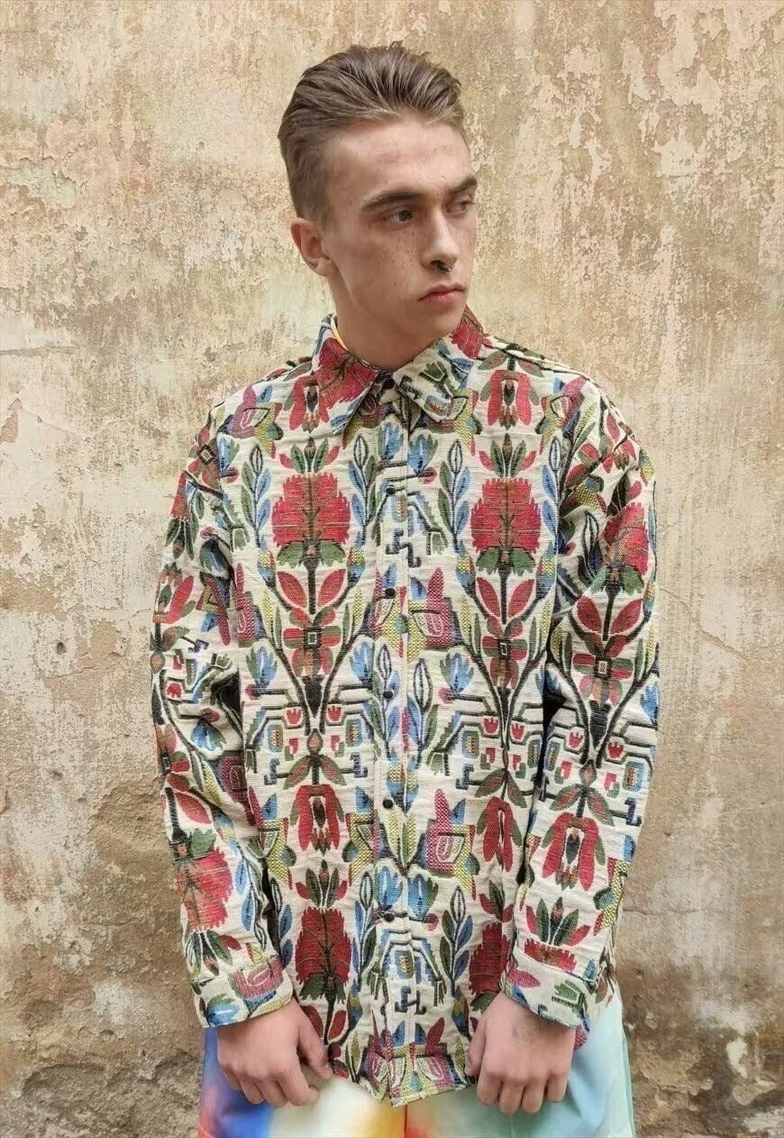 Aztec print thick shirt loose retro floral jacket in brown