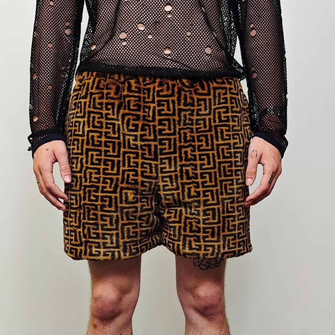 Arabic pattern shorts brown black geometric print pants party hotpants fleece handmade cropped trousers zigzag print joggers festival set