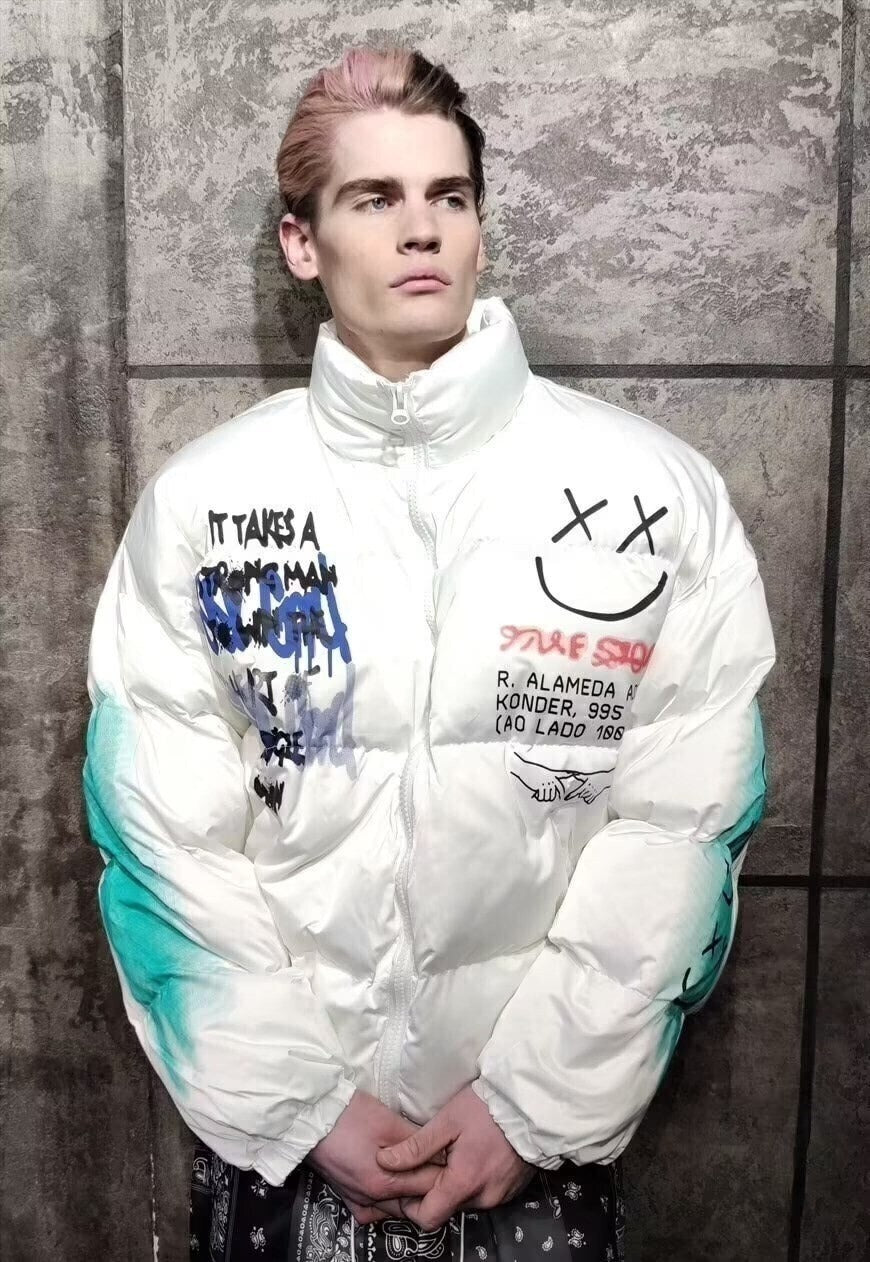 Graffiti print bomber emoji print jacket smile puffer white