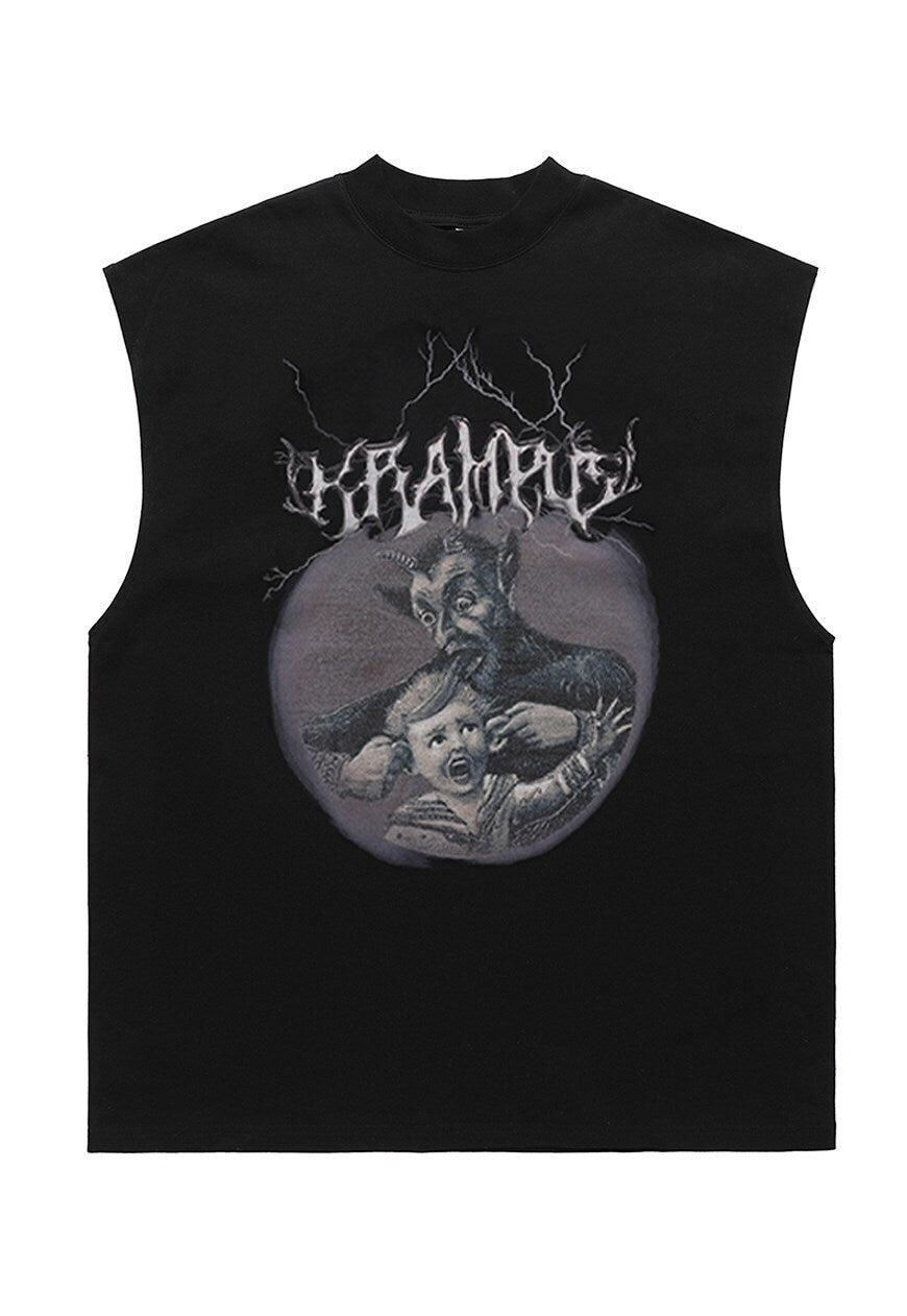Krampus print sleeveless t-shirt tank top surfer vest vintage wash sample sale 3 for 2